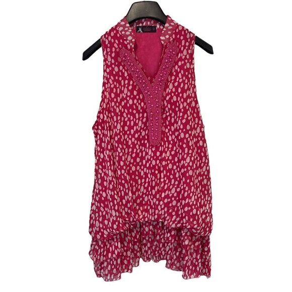 Model France Pink Polka Dot and Ruffles Sleeveless Top - Picture 1 of 8